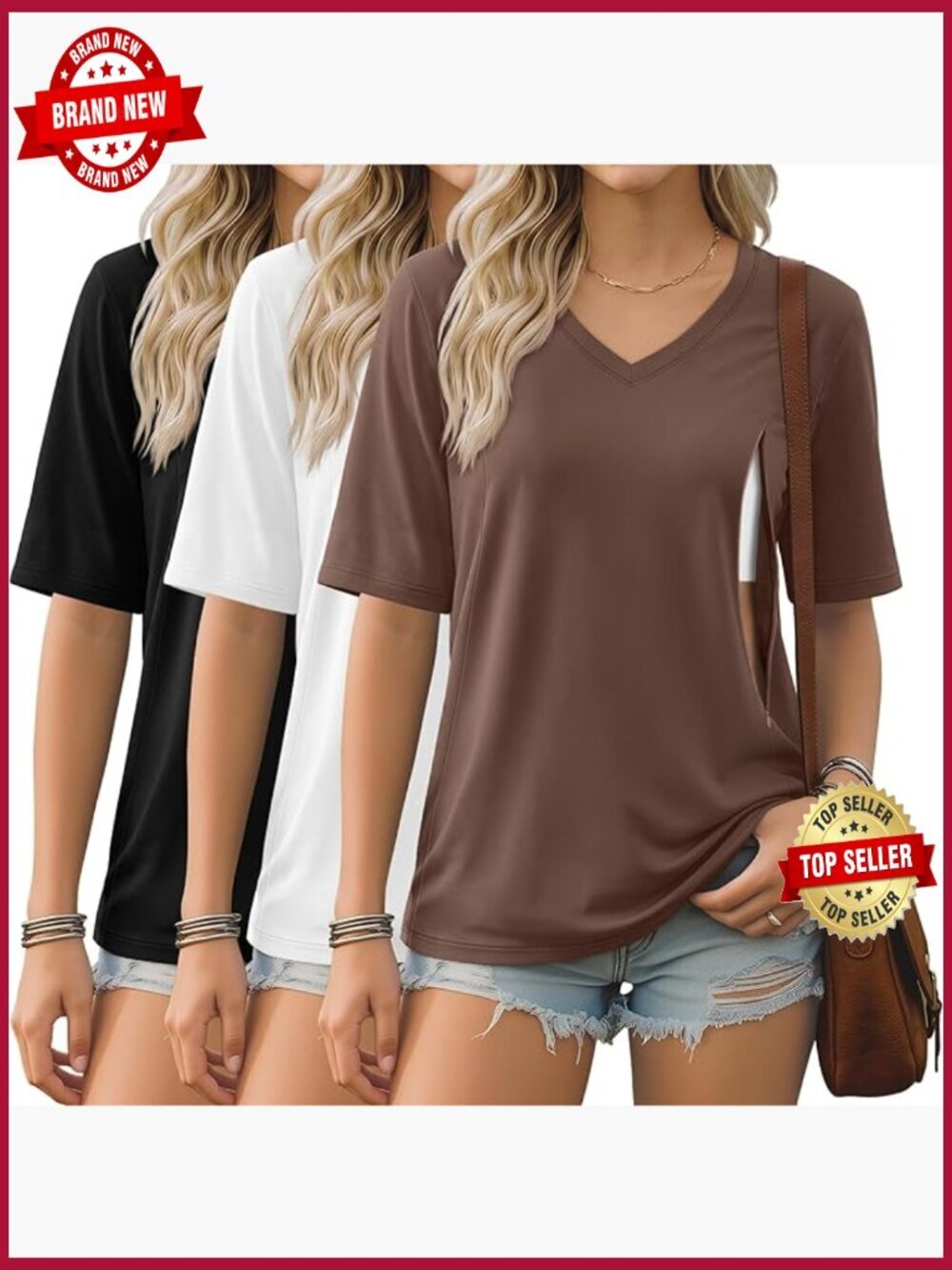 3 Pack Nursing Shirts with Hidden Zippers V Neck Half Sleeves Maternity Tops